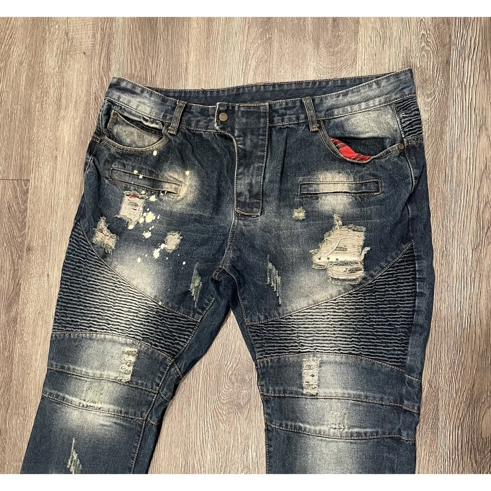 Biepa Jeans Mens Size 42x31 Distressed Grafitti Moto Bike Patches Paris Grunge